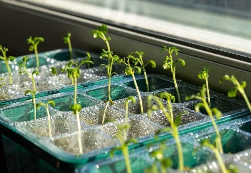 Young tomato seedling growing in a small container on a sunny windowsill.