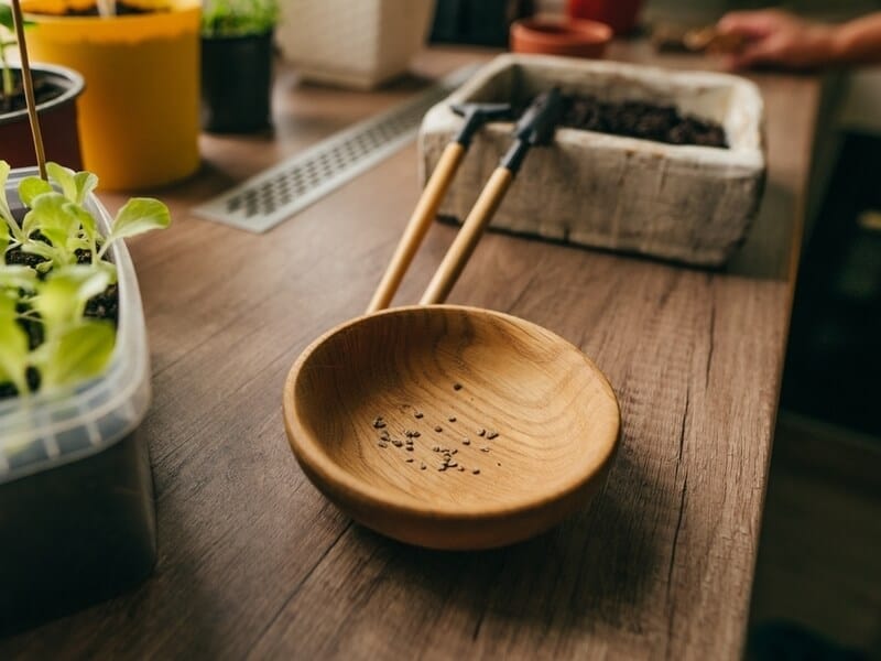 Tomato seeds in a wooden bowl ready for planting